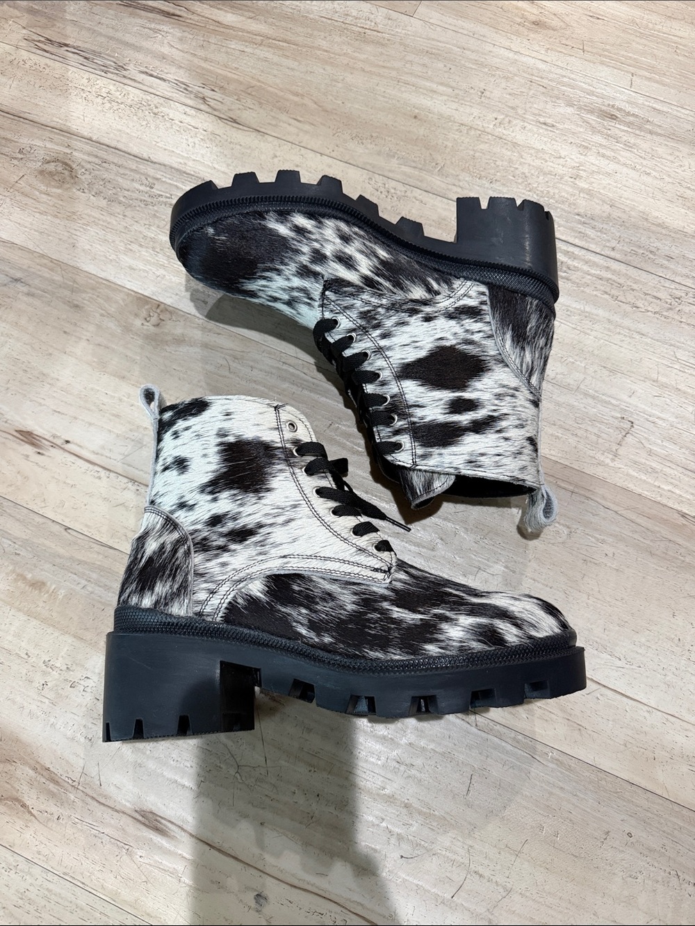 Chunky Black & White Cowhide Lace-Up Ankle Boots